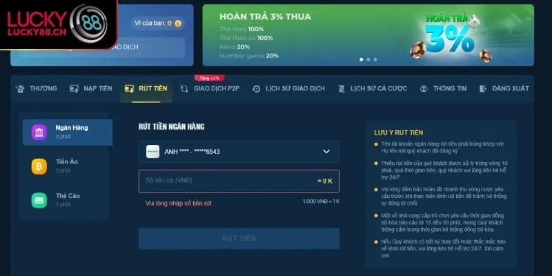 Điều kiện thực hiện giao dịch rút tiền Lucky88